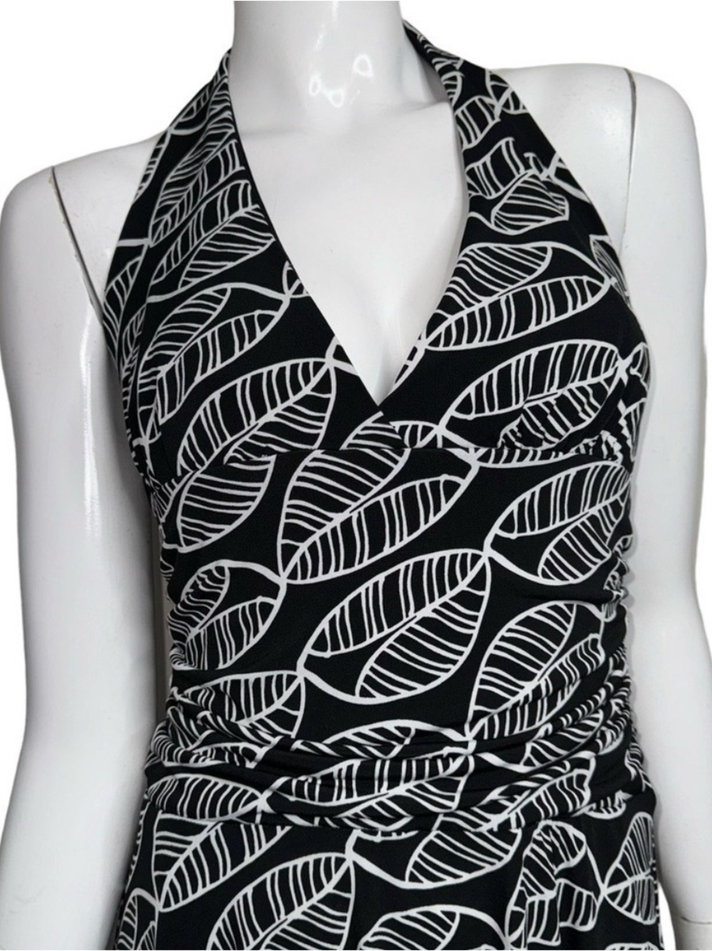 Vintage 90’s Y2K Candie’s Women’s Black and White Leaf Halter Dress Stretchy XL